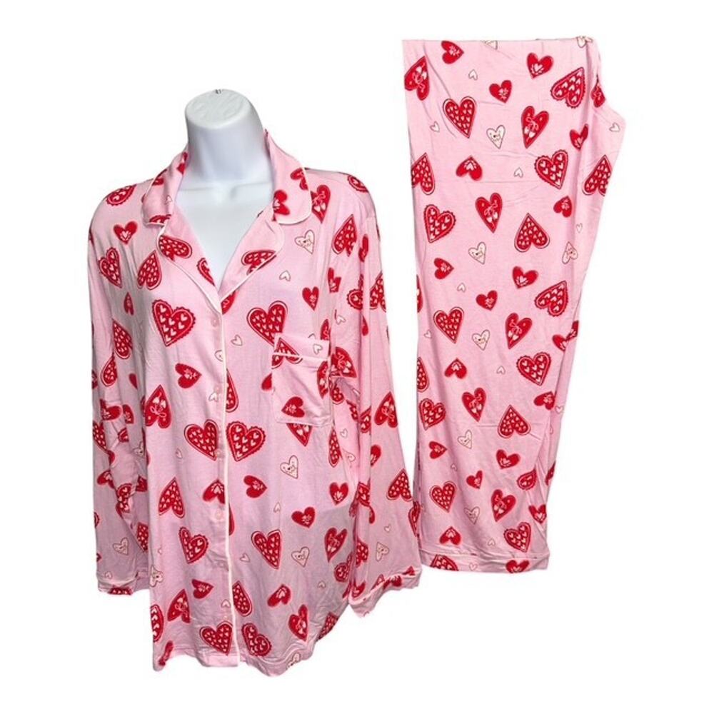 Old Navy Pajamas Women Large Pink Red Heart Love Pocket Stretch Knit Soft Rayon